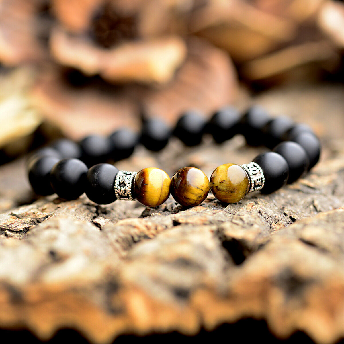 Hot Men's Fashion Black Onyx Stone Tiger Eye Sanskrit Beads Cuff Charm Bracelets