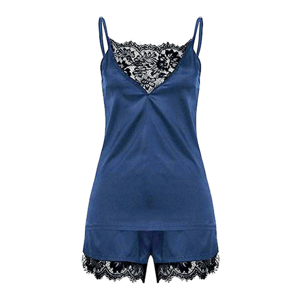 Womens Sexy Lace Satin Sleepwear Cami Top and Shorts Pajama Set Blue XL