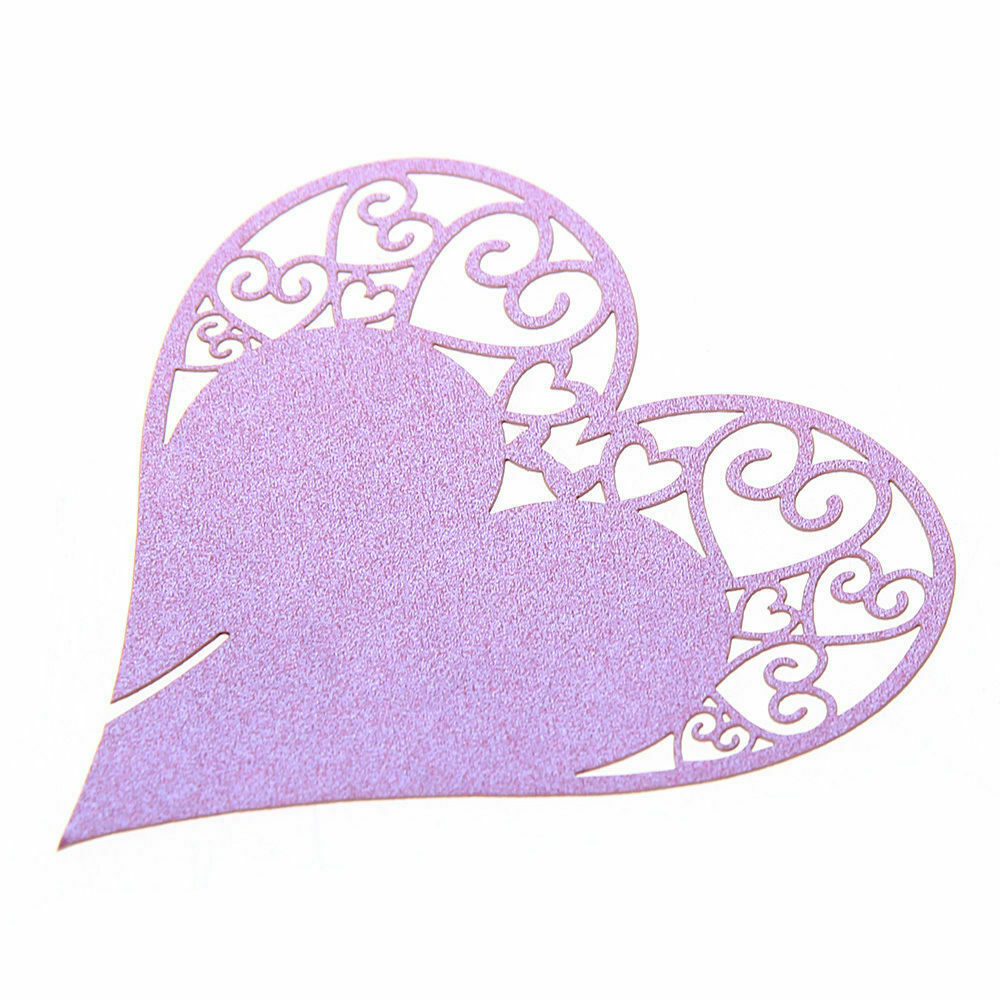 50 Wedding Table Wine Glass Decor Party Place Card Heart Shape Purple