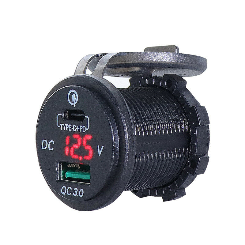 Universal Motorcycle QC3.0 USB +Type-C Ports LED Digital PD Fast Charger Adapter