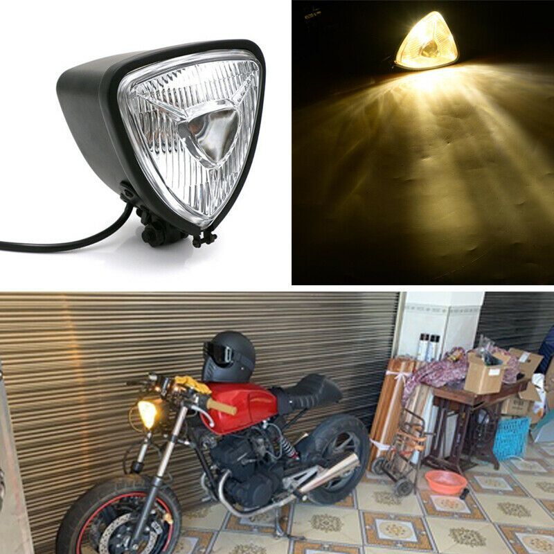 12V Motorcycle Triangle Headlight Head Lamp H3 Light Bulb Steel Black housing