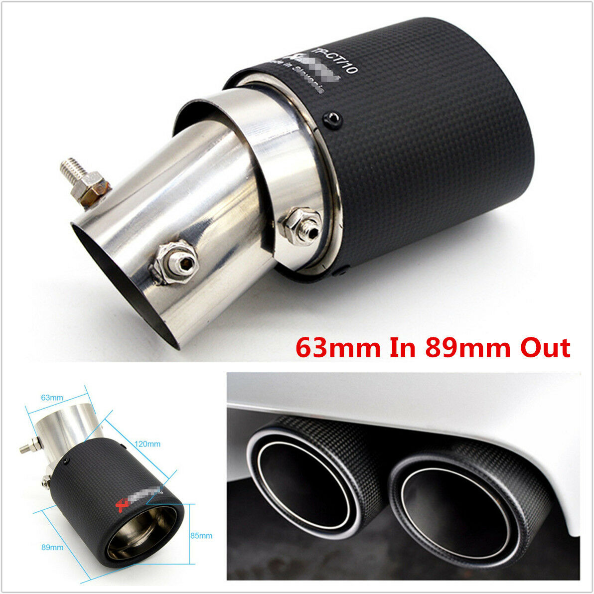 1x Universal Carbon Fiber Look Car Exhaust Tip Pipe 63mm In 89mm Out Muffler Tip