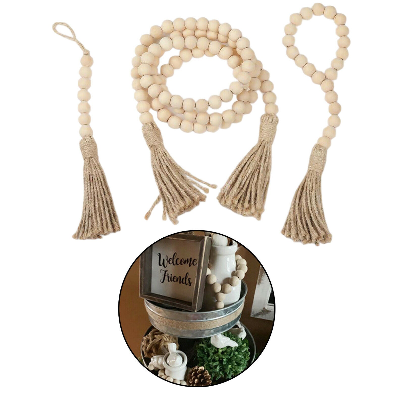 3Pieces Wood Bead Garland Farmhouse Rustic Country Beads Holiday Decoration Wall