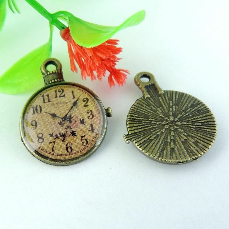 12 pcs Antiqued Bronze Alloy Watch Clock Epoxy Charm Pendant Crafting 25*19*3mm