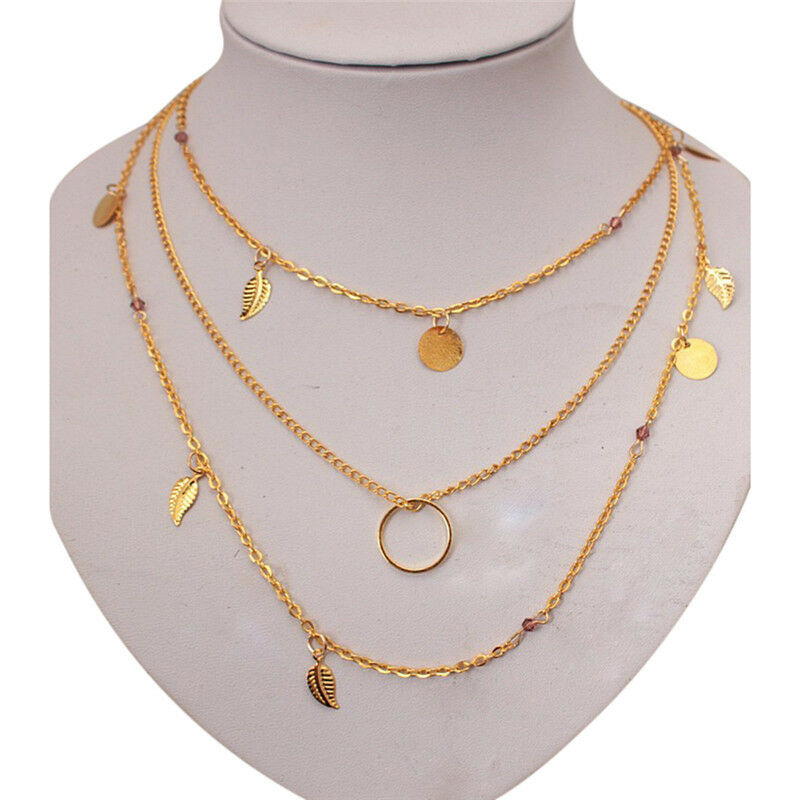 Bohemian Leaf Crystal Necklace Multilayer Long Necklace Women Pendant Neck.l8