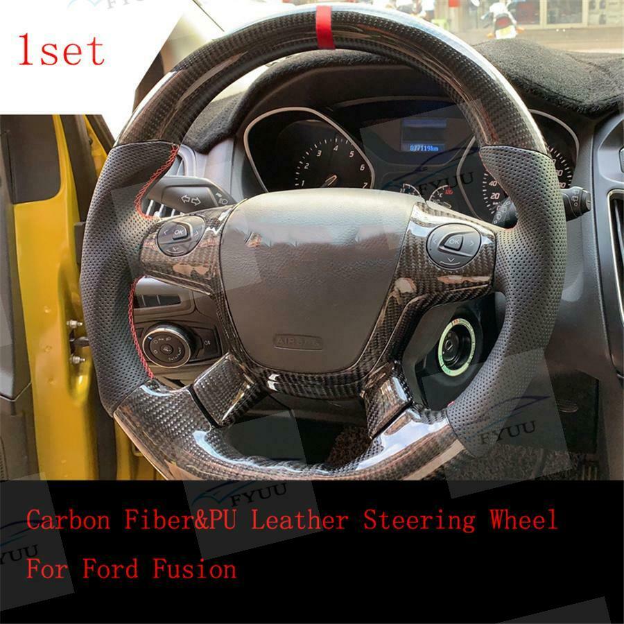 Carbon Fiber & PU Leather Steering Wheel Hand Sewing Wrap Cover For Ford Fusion
