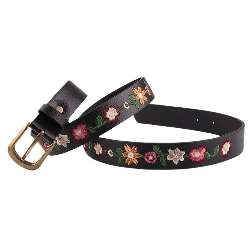 Women Belt Leather Metal Buckle Waistband Retro Embroidered Flower 110cm Long