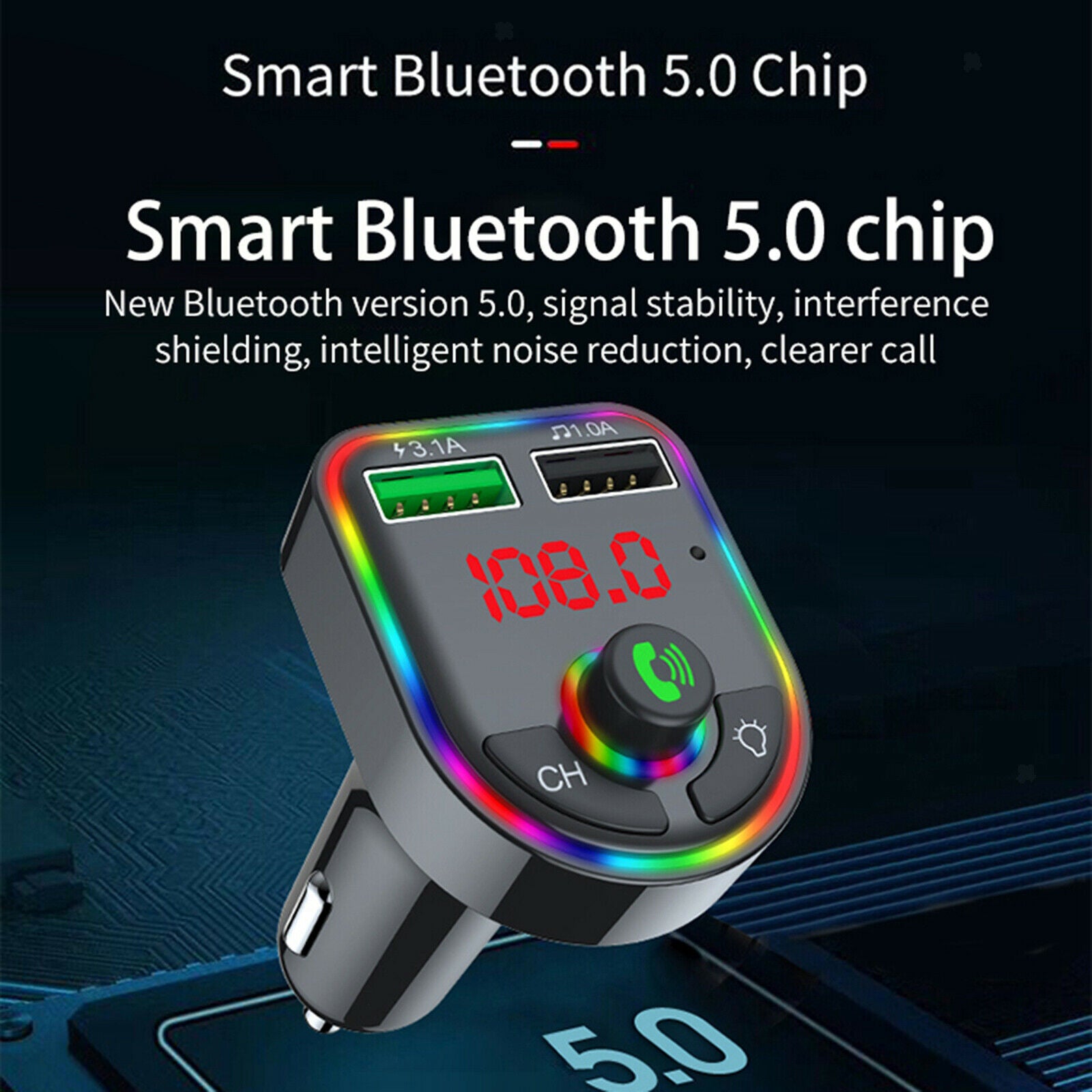 Car Bluetooth V5.0 FM Transmitter Quick Charge Hands-Free Call 2 USB Ports