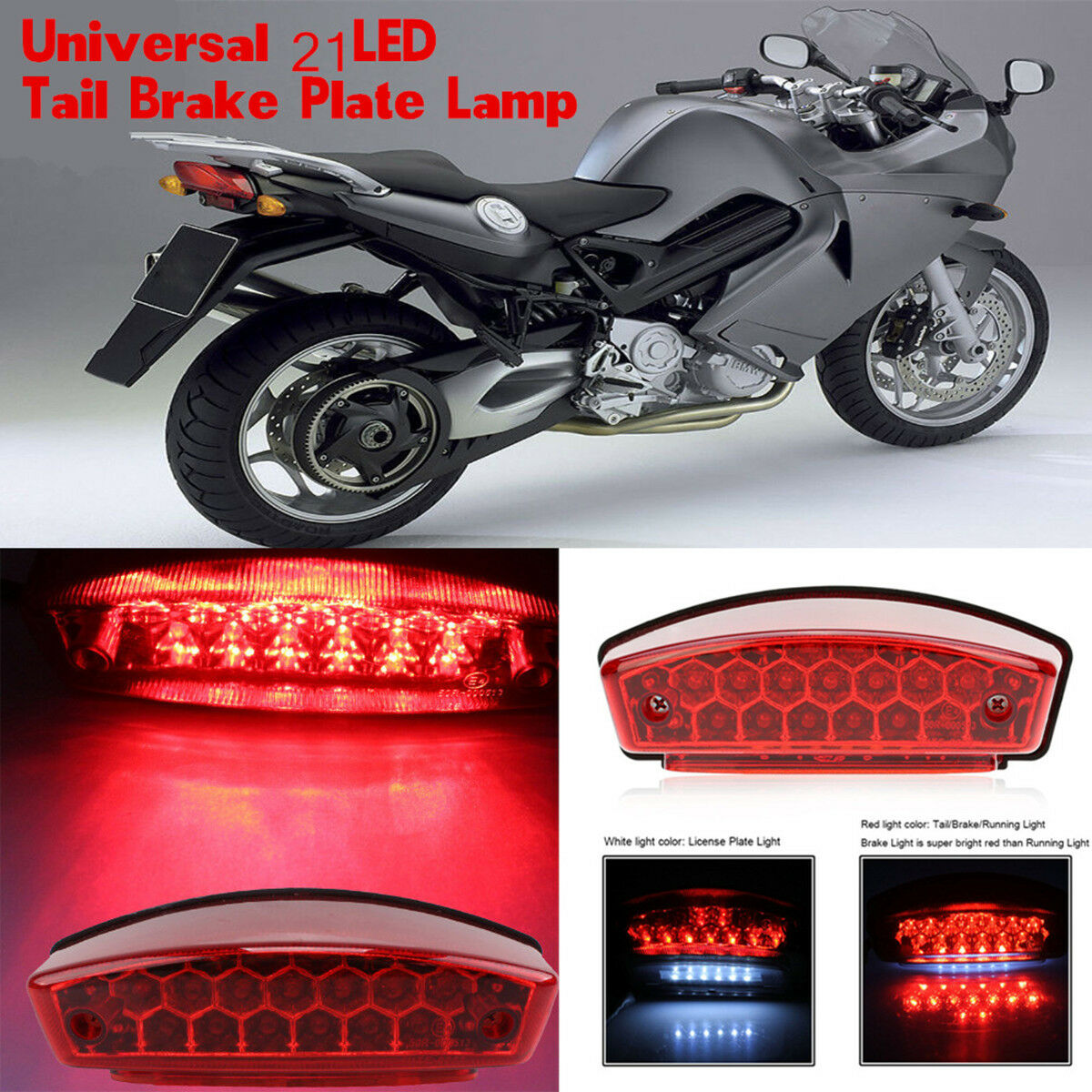 12V Universal 21 LED Motorcycle Rear Tail Brake Light Running License Plate Lamp