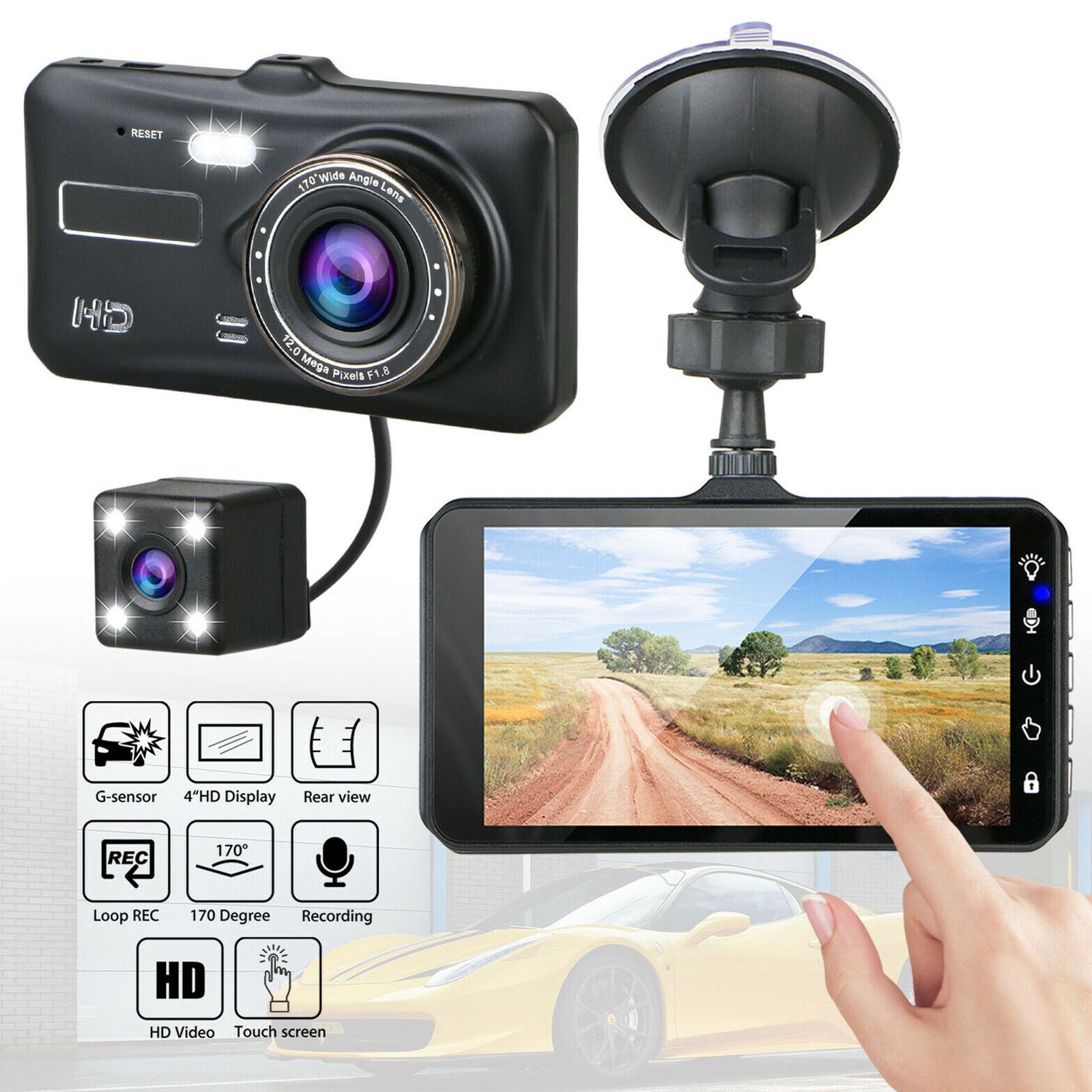 4" Dual Lens 1080P 170° Touch Screen Car DVR Dash Cam G-sensor + Rearview Camera