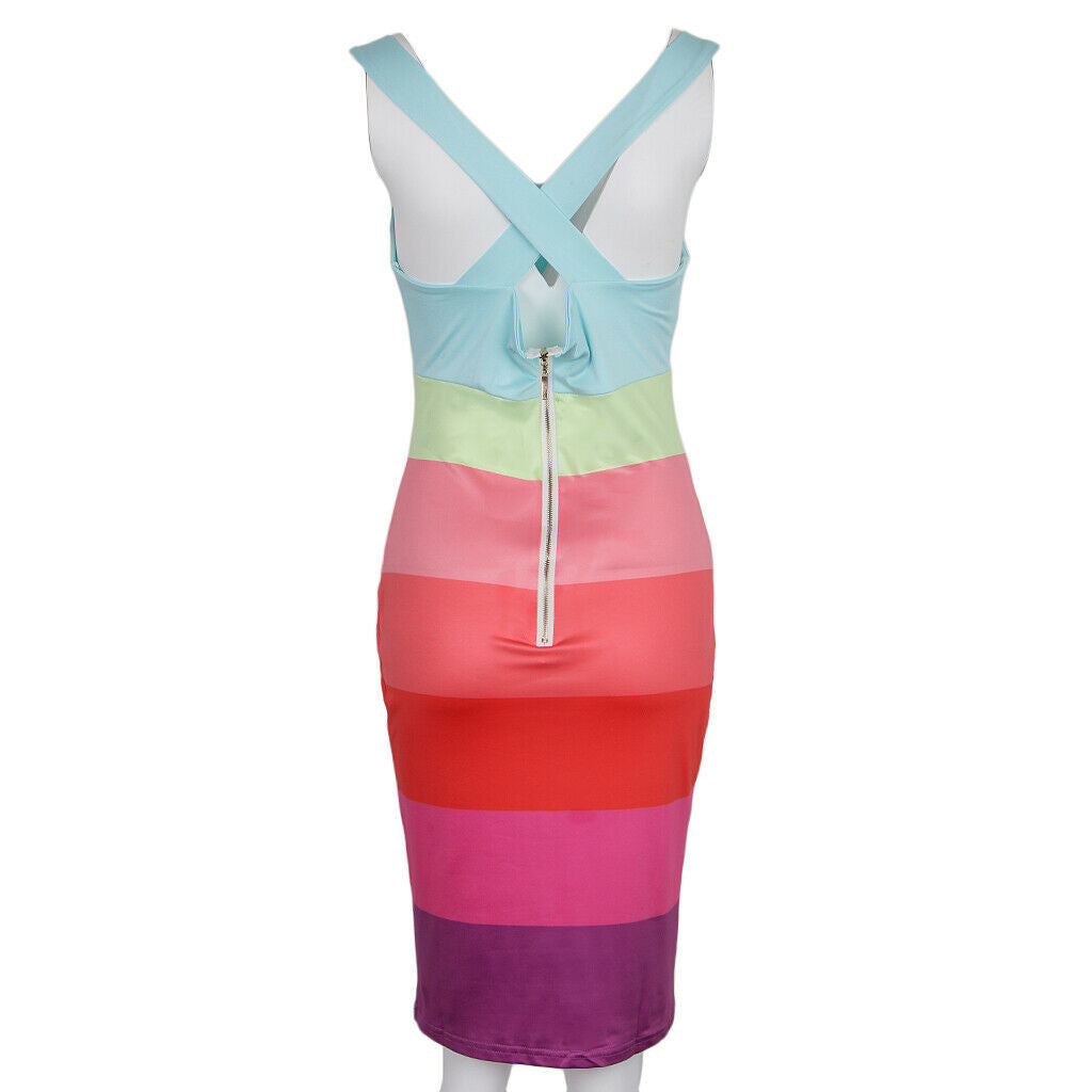 Women Stripe Bodycon Pencil Cocktail Evening Summer Party Midi Dress M Pink