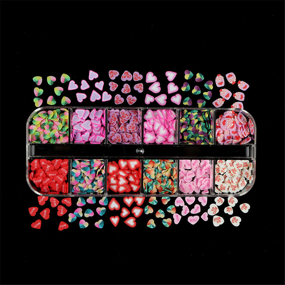 12 Grids Heart Nail Art Decoration Polymer Clay Slices Nail Art Decals Tips US