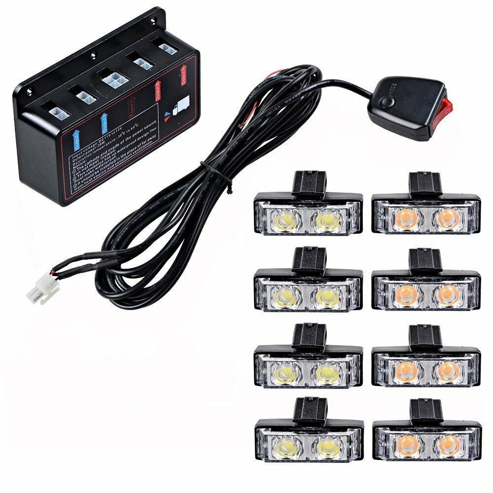 8X Amber/White Strobe Light Bar Warning Hazard Emergency Beacon Car Front Grille