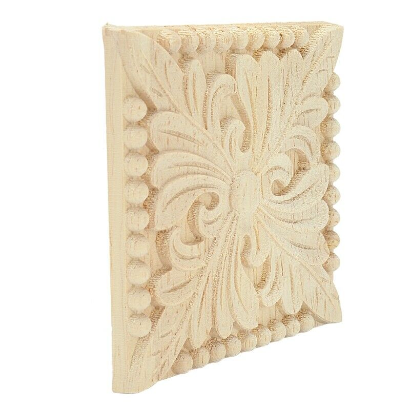Natural Wood Appliques Square Flower Carving Decals Decorative Wooden MouldingT9