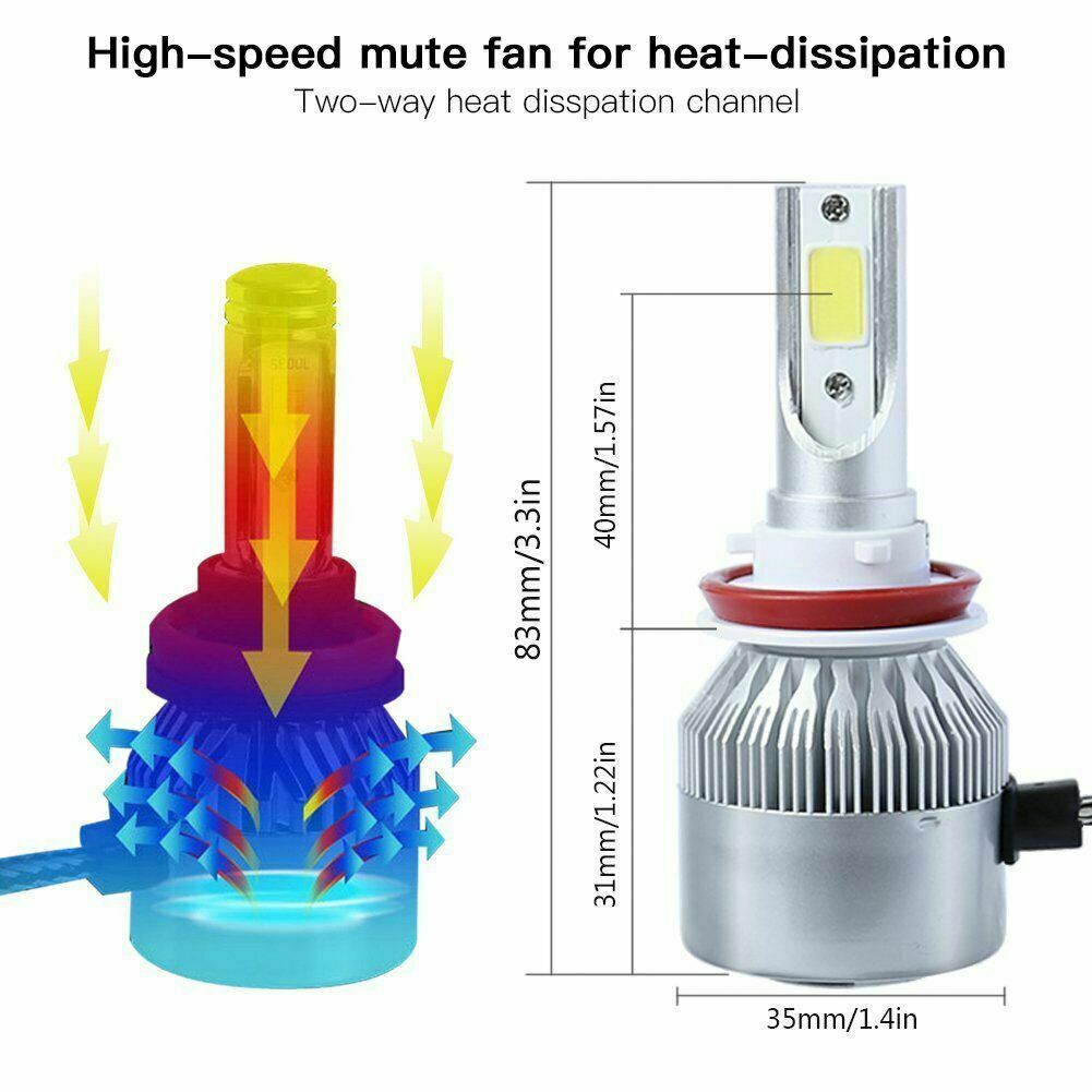 2pcs LED Headlight Kit H8 H9 H11 72W 7600LM 6000K Low Beam Fog Bulb HID White