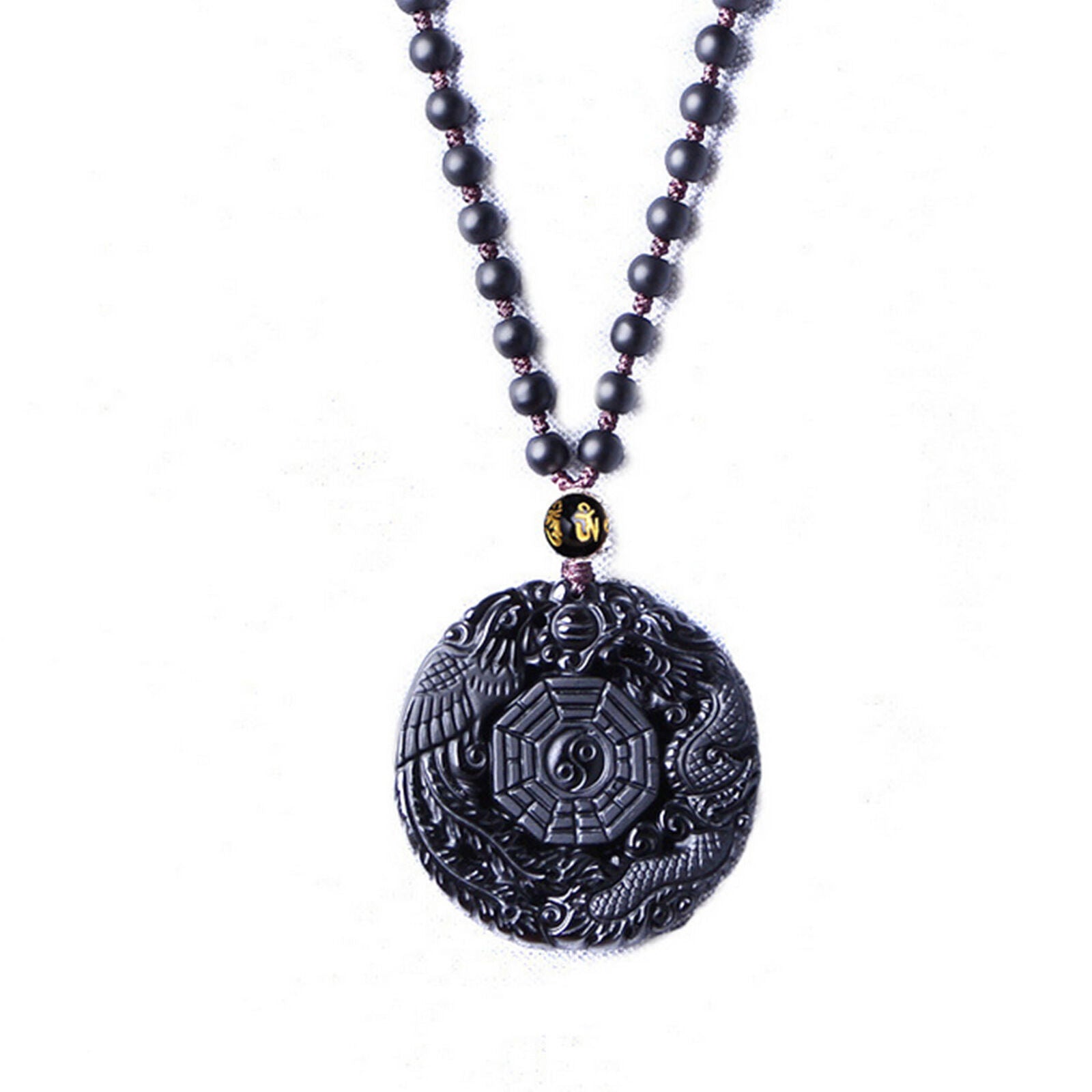 Men's Natural Obsidian Handmade TaiJi BaGua Lucky Pendant Beads Chain Necklace