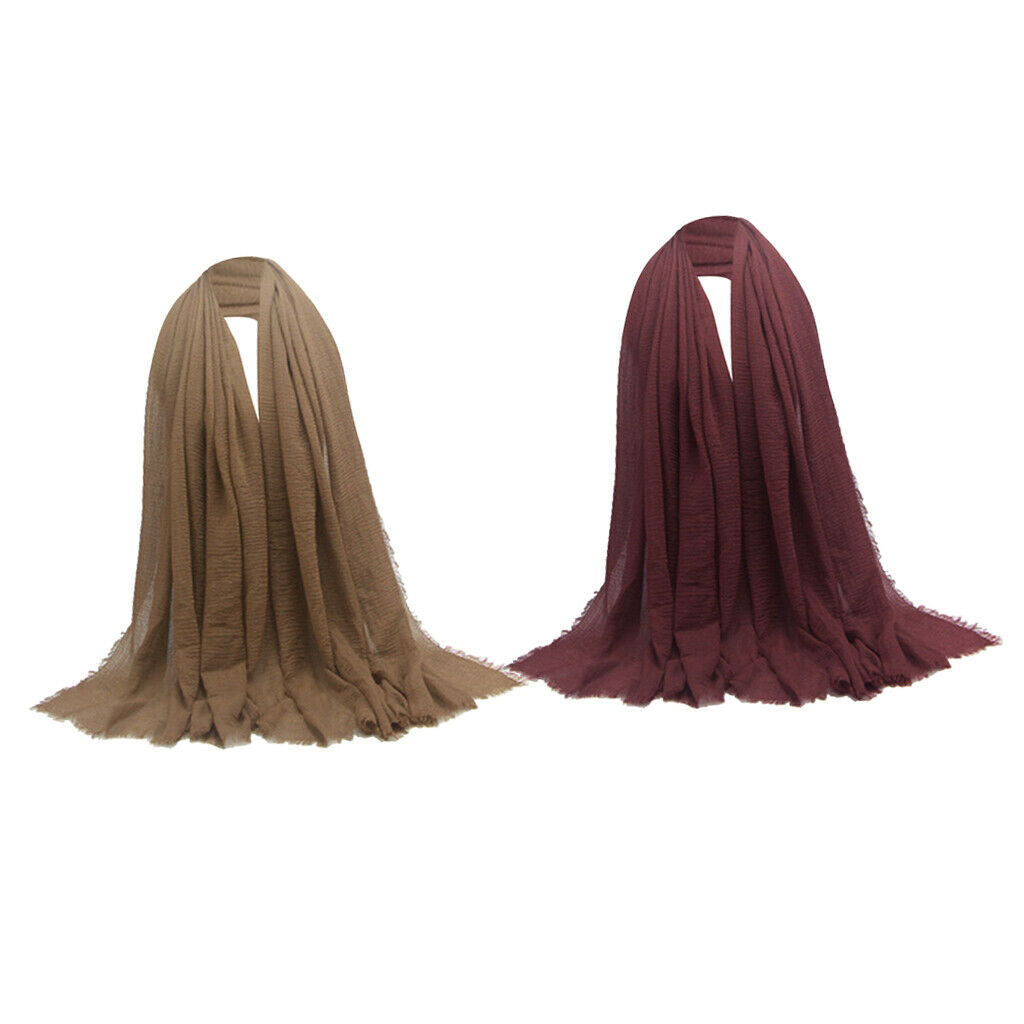 2Pcs Fashion Soft Long Scarf Plain Pleated Hijab Shawl Turban Head Scarf