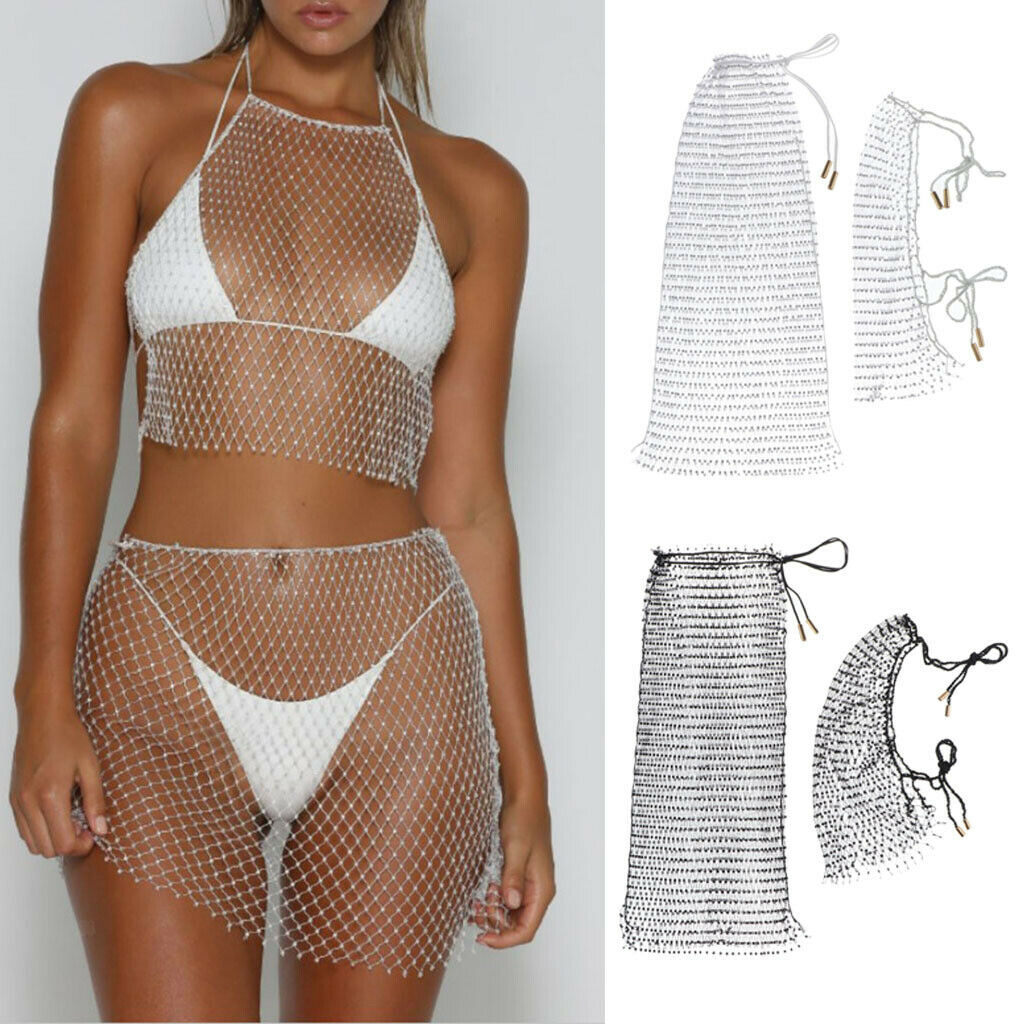 2Sets Hollow Out Bikini Cover Up Crochet Dress Summer Beach Bathing Swimsuit