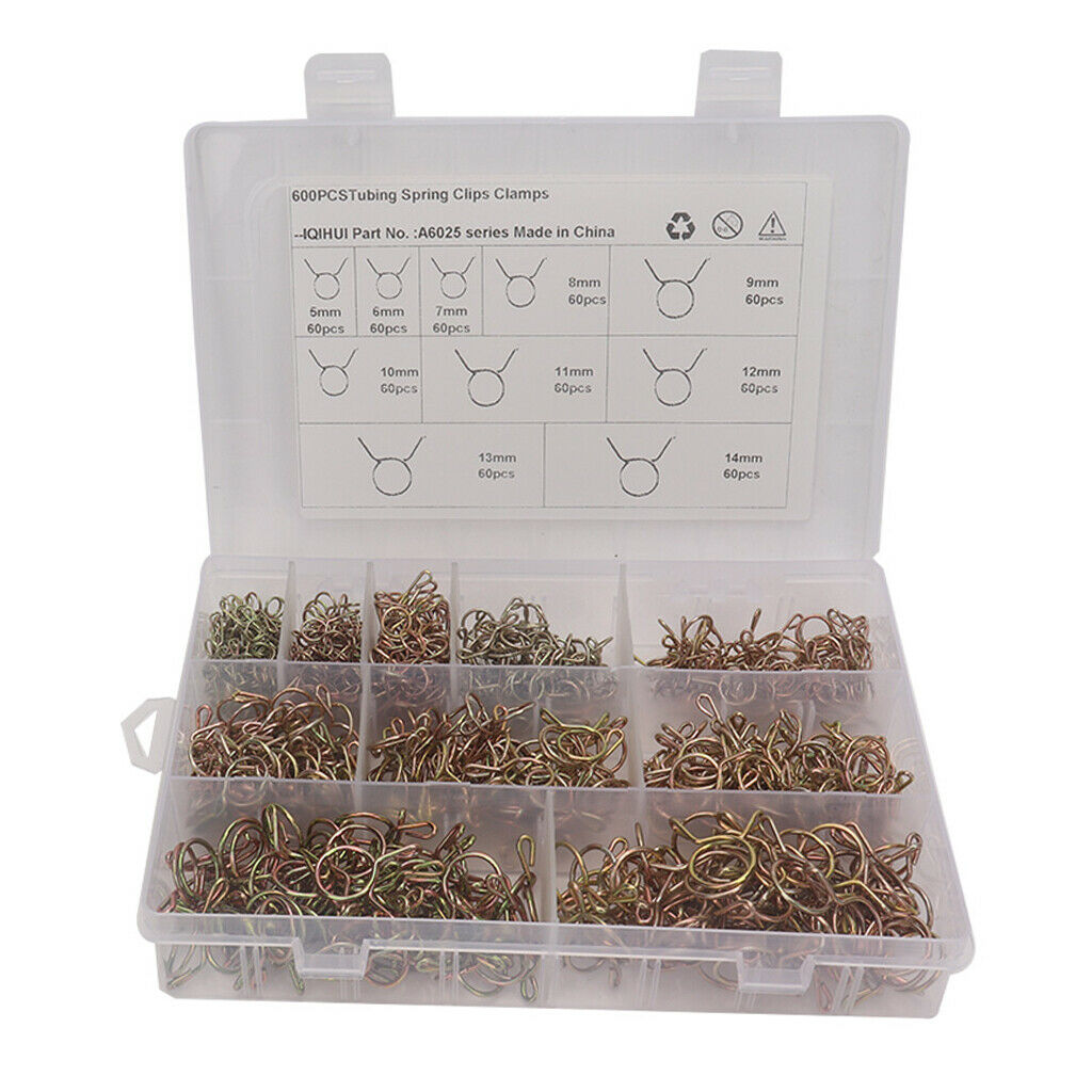 600Pcs 5mm-14mm Fuel Line Hose Tubing Spring Clip With Case for Motorcycles