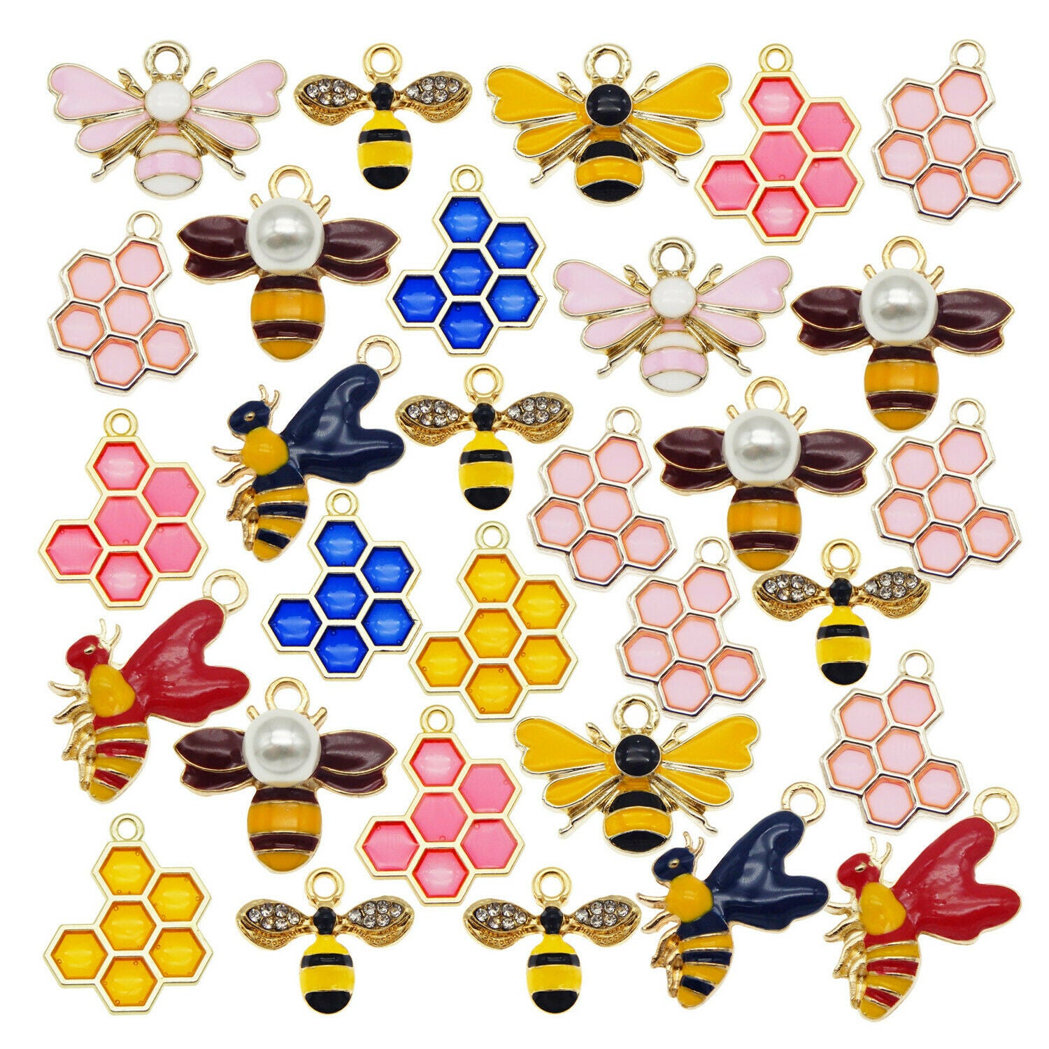12 PCS Assorted Honeycomb Enamel Charm Bee Pendant for Bracelet Necklace Craft