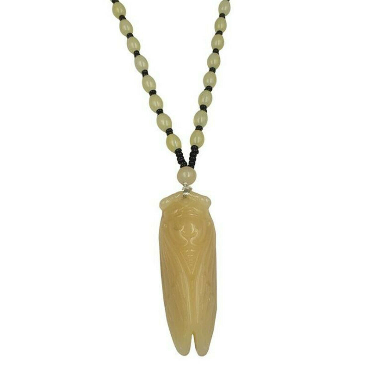 Natural Yellow Jade Cicada Carved Amulet Lucky Pendant Beads Necklace Jewelry