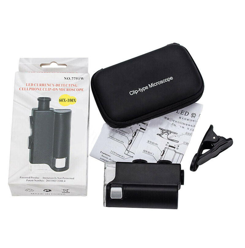 60X-100X UV&LED Lighted Pocket Microscope Magnifier With Clip For Cellphone