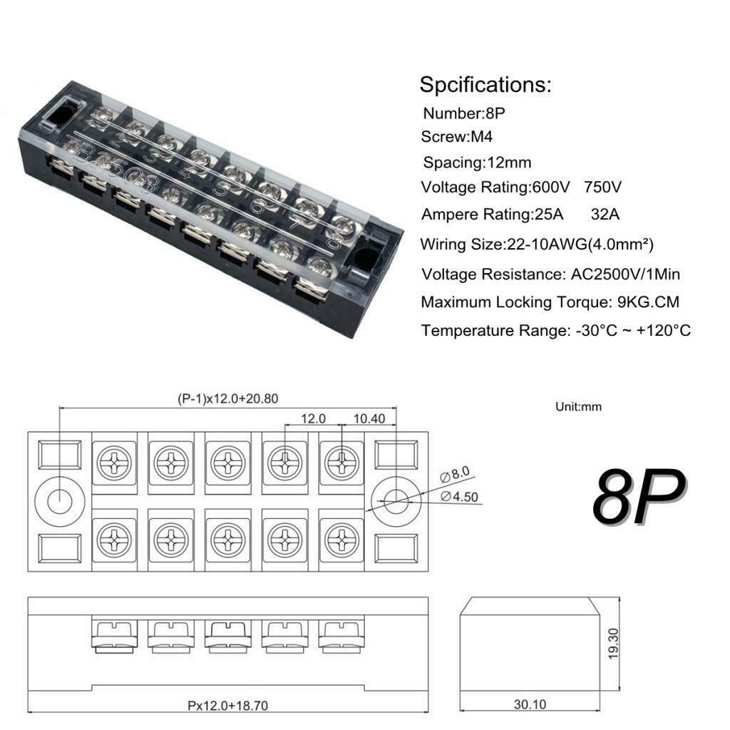 5pcs Dual Row 8 Positions Wire Screw Terminal Electric Barrier Strip Block 25A