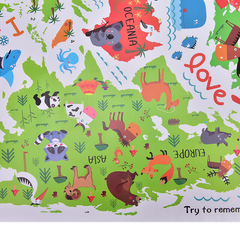 Cartoon Animal World Map Wall Stickers Kids Art Mural Removable Decorati.l8