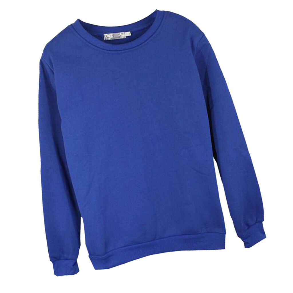 Blue Solid Round Neck Long Sleeve Fleece Sweatshirts Unisex Loose Top 4XL