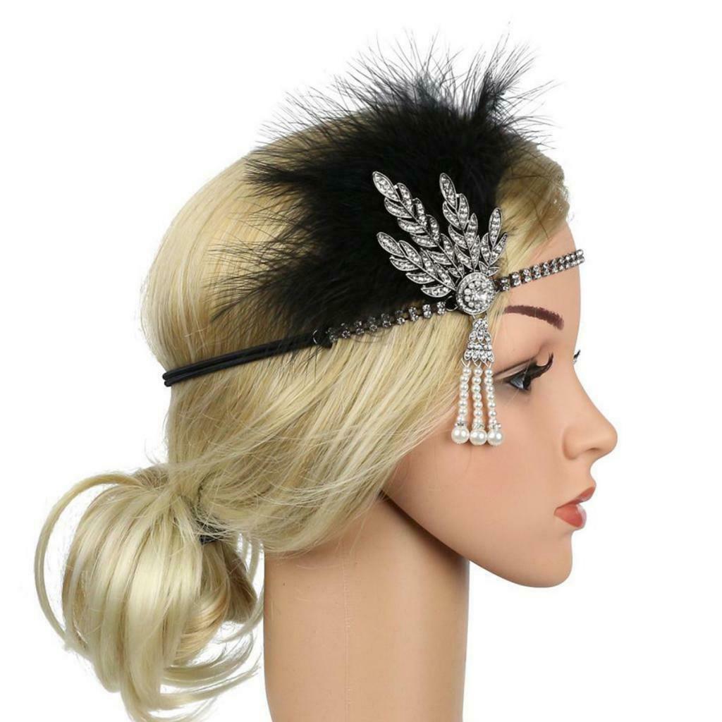 Set of 2 Womens Feather Headband Chain Stretchy Rhinestone Hairband Beaded