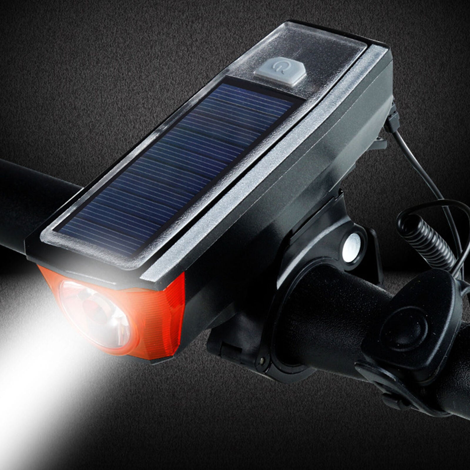 Solar Powered USB Rechargeable LED Bicycle Headlight Bike Head Light Lamp + Horn