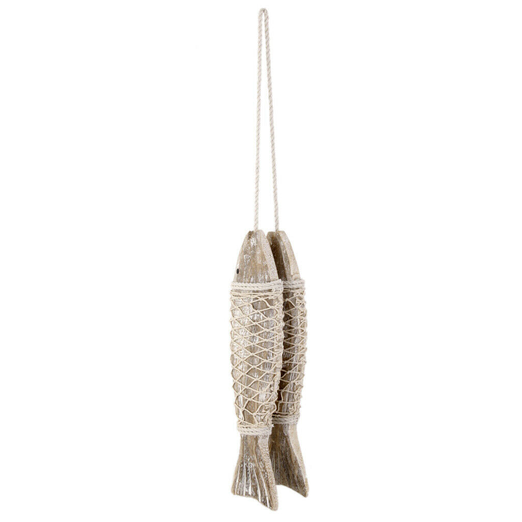 2x Hand Carved Nautical Wooden Marine Fish Rope Wall Hanging Home