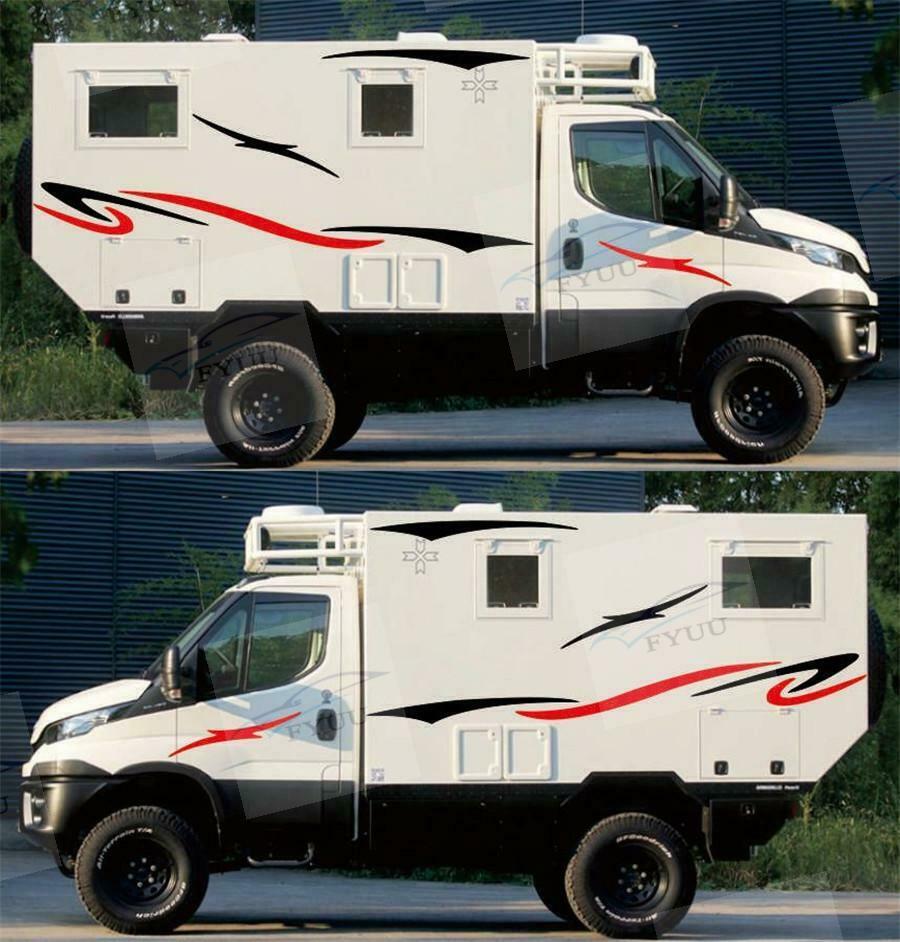 2x Car Stickers Kits Stripes Graphics Styling For Caravan Trailer RV Black + Red
