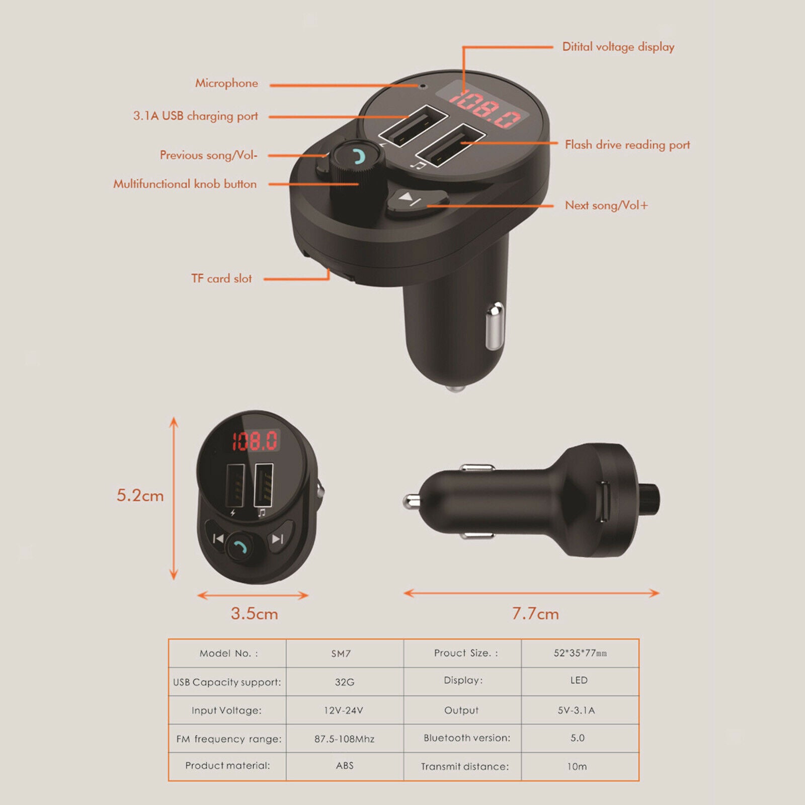 Portable FM Transmitter Bluetooth Car Kit MP3 Music TF Card AUX Player