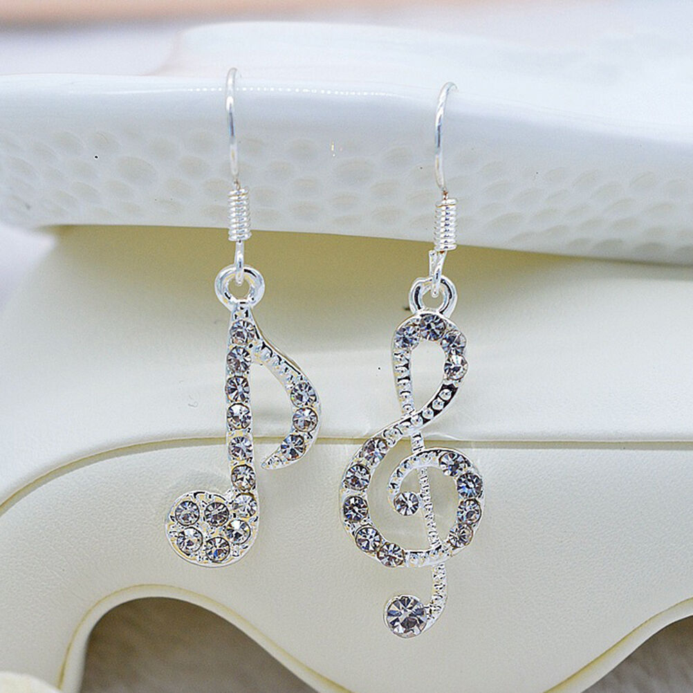 Personality Trendy Music Notes Clear Crystals Lady Dangles Party Earring H Qx
