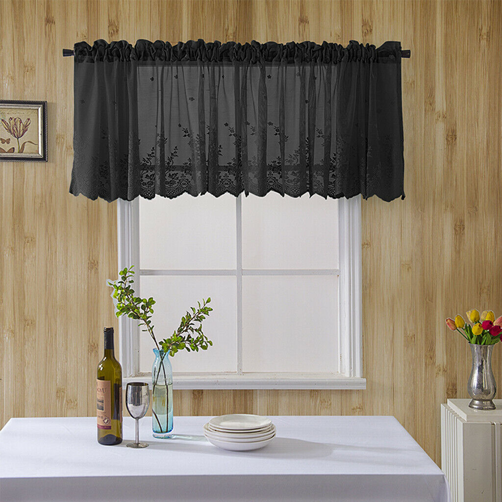 3 Pieces Kitchen Window Lace Curtain Set Embroidered CafÃ© Curtain Black_1