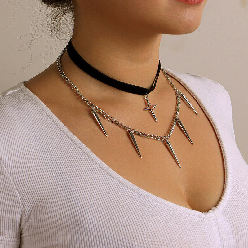 Fashion Punk Double-layer Cone Pendant Necklace Choker Jewelry Accessori.l8