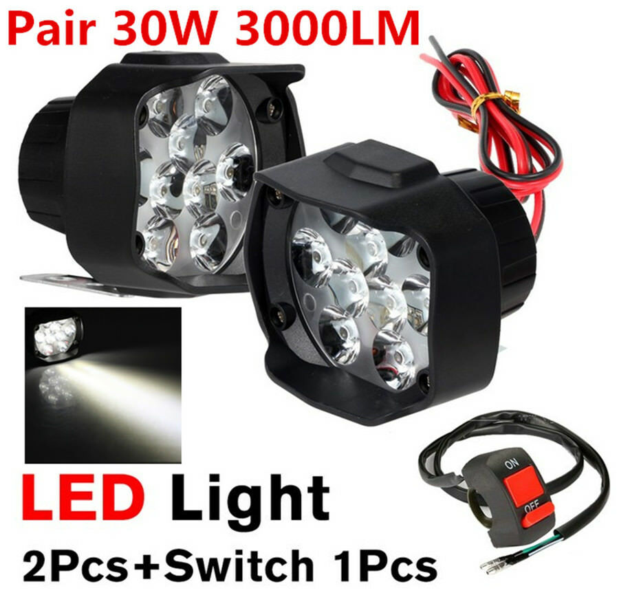 2Pcs 30W 18LED 3000LM Motorcycle Headlight Front Head Light Spot Fog Lamp+Switch