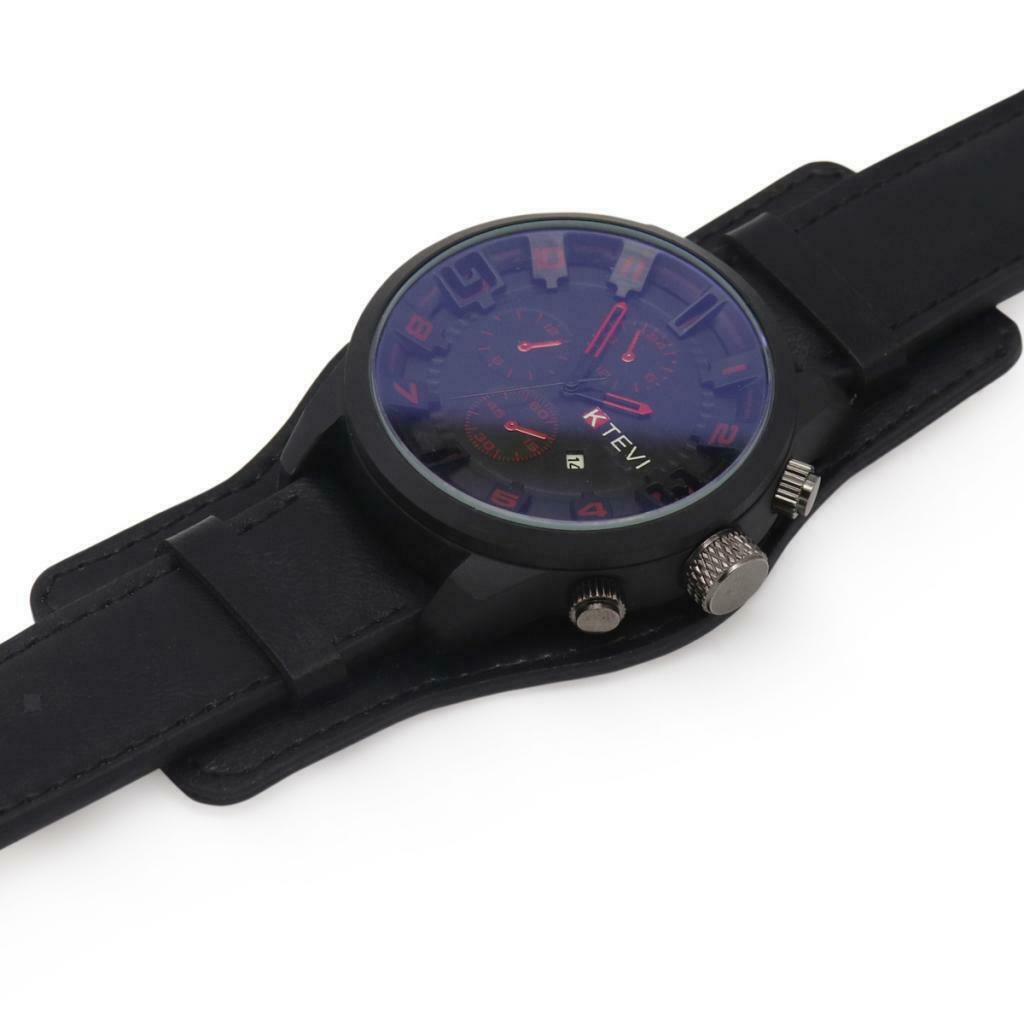 Mens Outdoor Waterproof Calendar Watch Quartz Leather Wristwatch Black