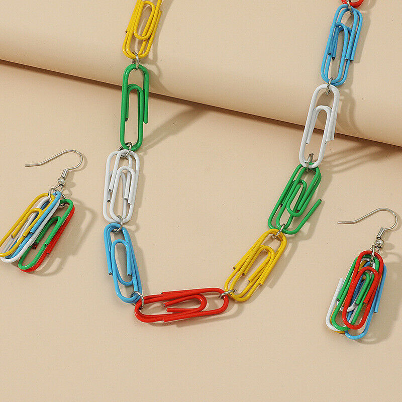 Punk Colorful Paper Clip Pendant Clavicle Chain Earring Alloy Suit Women Jewelry