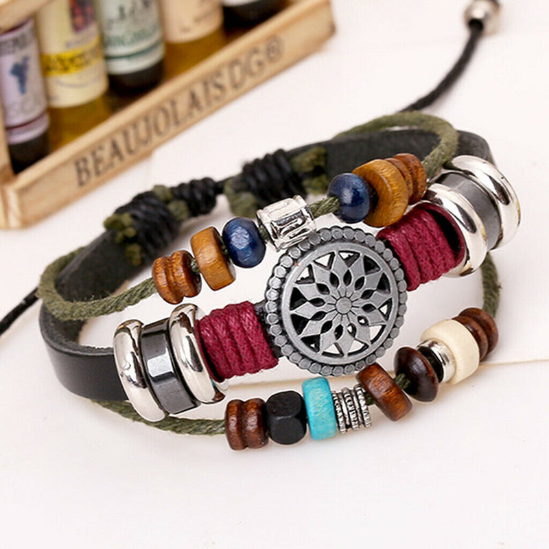 Unisex Beaded Punk Style Cuff Wristband Bracelet Rope Bangle Fashion Jewelry