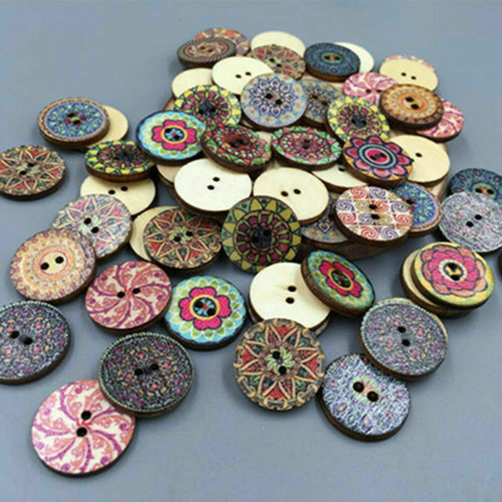 50X 2 Holes Mixed Boho Flower Wooden Button Sewing Scrapbooking DIY Craft 25MM