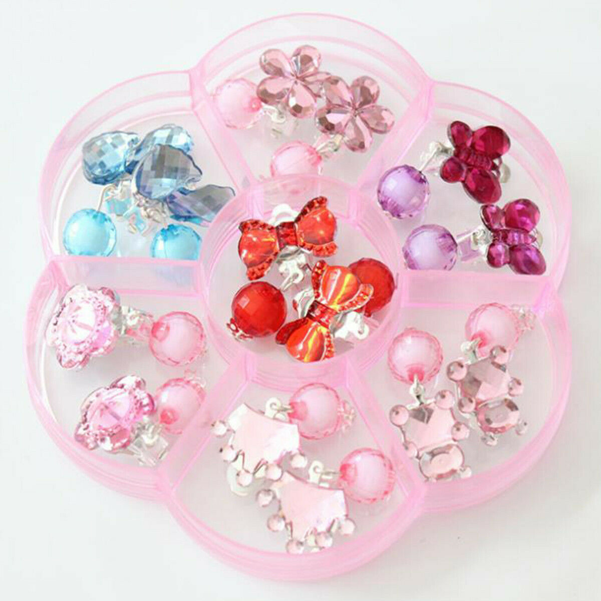 7 Pairs Girl Lovely Earrings Box Set Clip-on Pendant Kids Children Birthday Gift