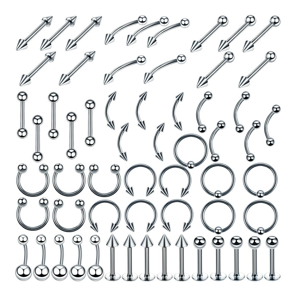 60 Pieces Nose Lip Tongue Eyebrow Tragus Navel Belly Ring Piercings 8mm