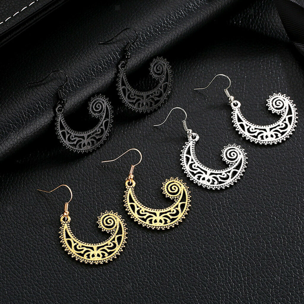 Bohemian Swirl Spiral Moon Dangle Earrings Wedding Jewelry Matte Black
