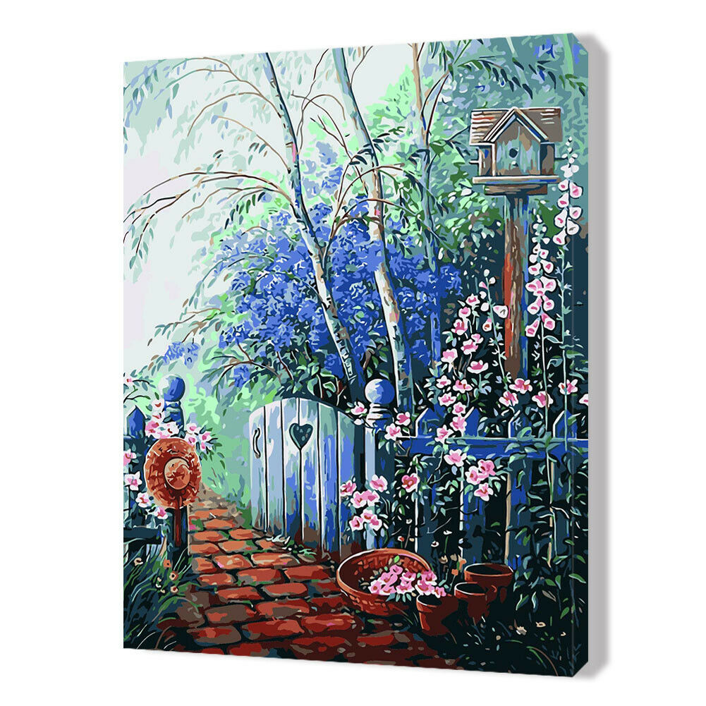 DIY Digital Canvas Blue Garden Oil Picture By Number Kits Art Modern Decor @