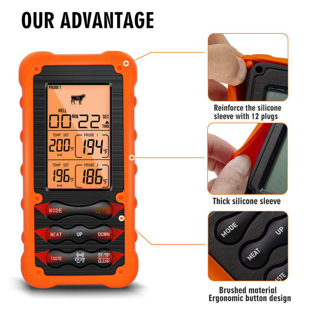 Remote Meat Thermometer Stainless Steel Probes Food Grill Thermometer