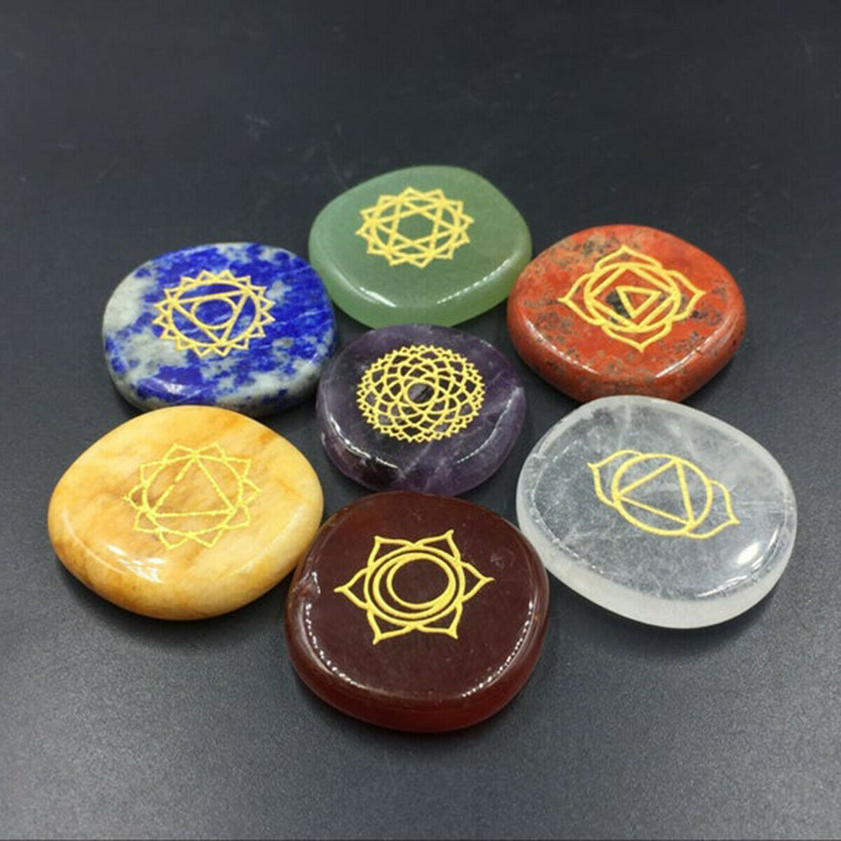 7 Chakra Engraved Gems Set Reiki Healing Quartz Crystal Meditation Stones