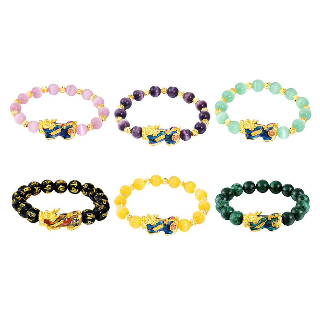 Feng Shui Black Obsidian Pixiu Charms Bracelet Jewelry Elastic Black