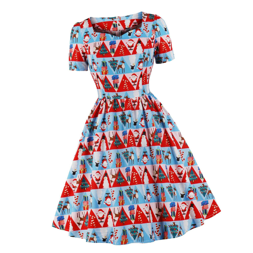 Women's Short Sleeve A Line Dress Xmas Santa Print Party Swing Dress  L